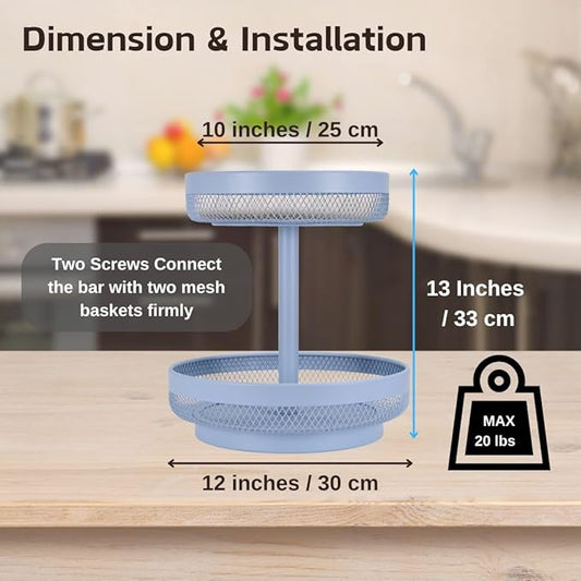 IBERG 2 Tier Fruit Basket - Detachable Mesh Fruit Bowl for Kitchen Countertop - Metal Basket Stand for Fruits,Vegetables, Bread & Snacks (Chambray Blue)