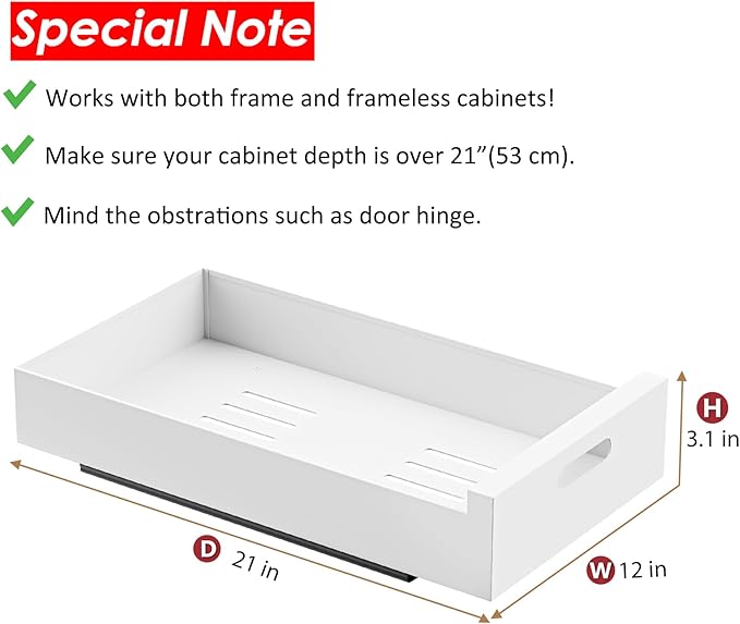HBL' 1 Pack | 21" Deep Pull Out Cabinet Organizer Adhesive, 12-Inch Wide Sturdy Carbon Steel Roll-Out Drawers, Designed for Frameless Cabinets, Slide-Out Shelves for Pantry.