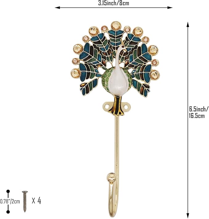 Vintage Peacock Decorative Wall Hooks Rack Hangers for Hanging Clothes Coats Towels Keys Hats, 2 Pack Antique Metal Mounted Wall Hook