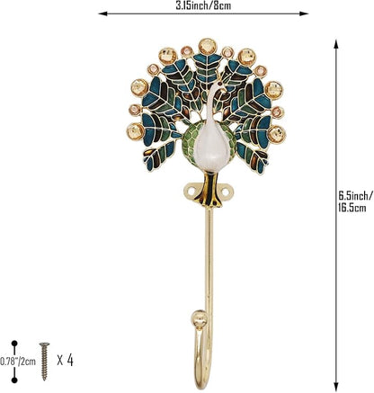 Vintage Peacock Decorative Wall Hooks Rack Hangers for Hanging Clothes Coats Towels Keys Hats, 2 Pack Antique Metal Mounted Wall Hook
