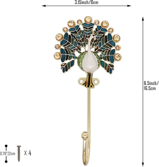 Vintage Peacock Decorative Wall Hooks Rack Hangers for Hanging Clothes Coats Towels Keys Hats, 2 Pack Antique Metal Mounted Wall Hook