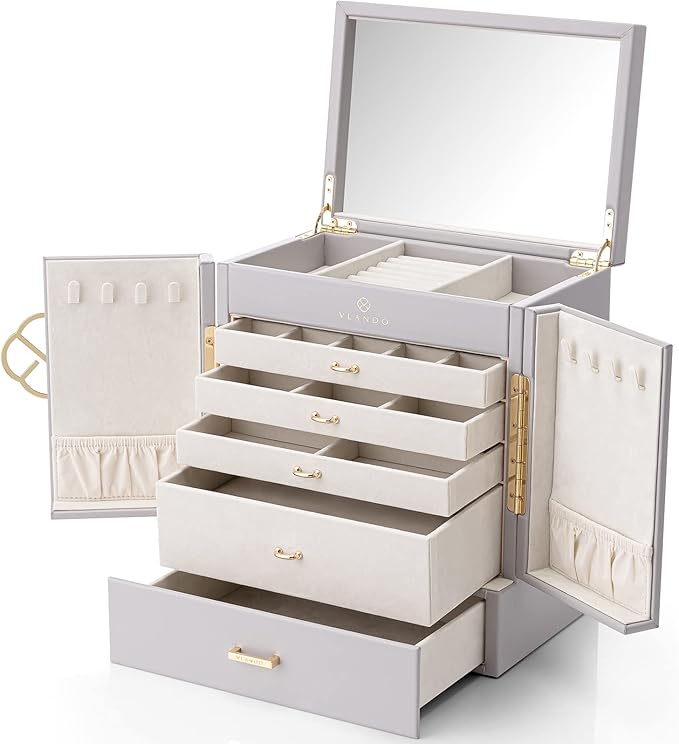 Vlando Large Jewelry Organizer Box, 5-Layer Jewelry Storage Box with Mirror & 4 Drawers for Earrings, Necklaces, Rings and Watch Organizer for Women Girls Mothers Day Gifts for Mom - Grey