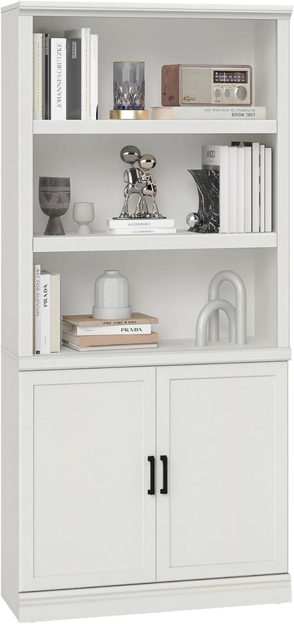 blini 5 Shelf Tall Bookcase with Doors White Bookshelf 31in Wide Display Standing Storage Shelf 72in Tall Wood Book Shelves for Bedroom Living Room Office Library