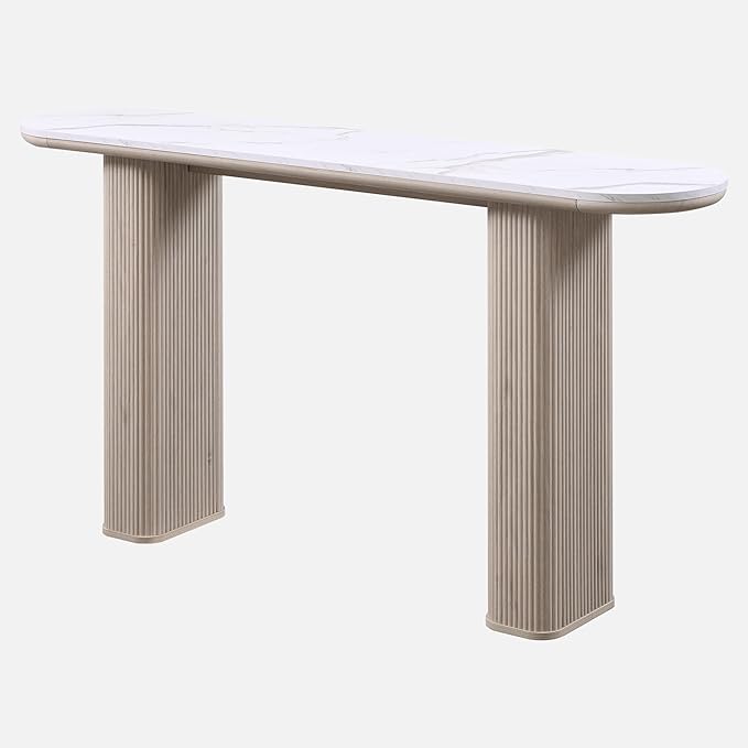 OKD 63" Modern Console Table with Arc Faux Marble Texture Top, Fluted Wood Base, Contemporary Entryway Sofa Table for Living Room, Hallway, Foyer, White Alder