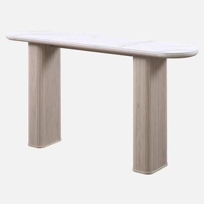 OKD 63" Modern Console Table with Arc Faux Marble Texture Top, Fluted Wood Base, Contemporary Entryway Sofa Table for Living Room, Hallway, Foyer, White Alder