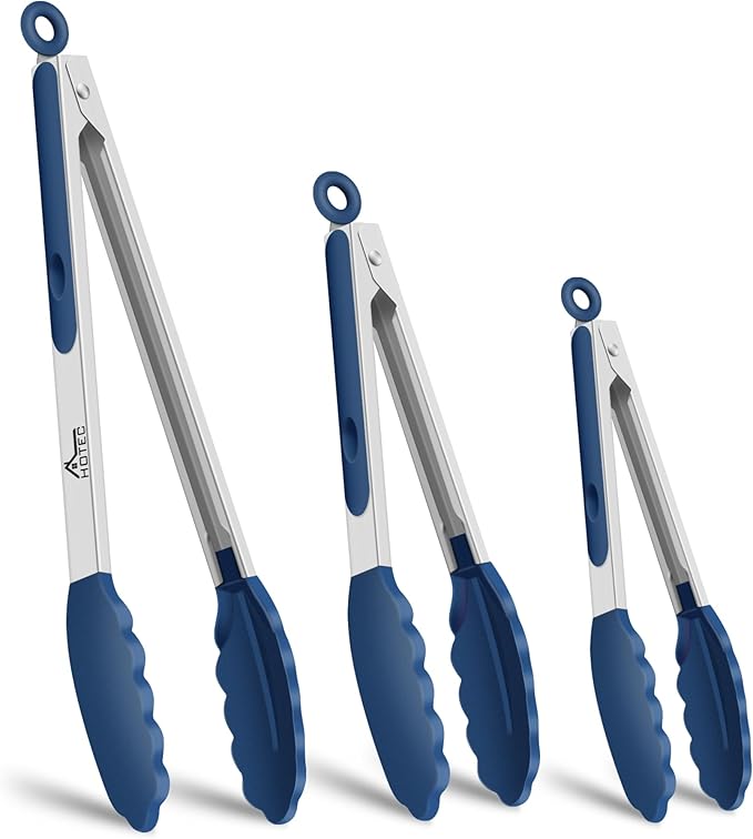 HOTEC Premium Stainless Steel Locking Kitchen Tongs with Silicon Tips, Set of 3-7", 9" and 12" (Classic Blue)