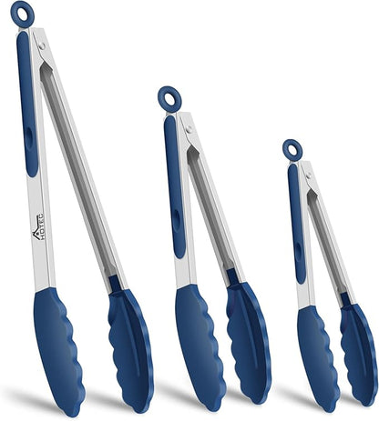 HOTEC Premium Stainless Steel Locking Kitchen Tongs with Silicon Tips, Set of 3-7", 9" and 12" (Classic Blue)