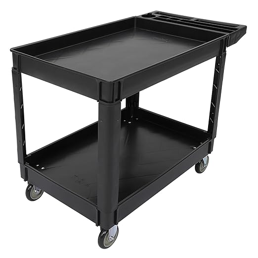 Utility Cart on Wheels, 500 lbs Capacity, 45 x 25 Inch Rolling Work Carts with Storage Handle, 2 Shelf Plastic Service Cart Suitable for Warehouse, Garage, School & Office, Cleaning, Black