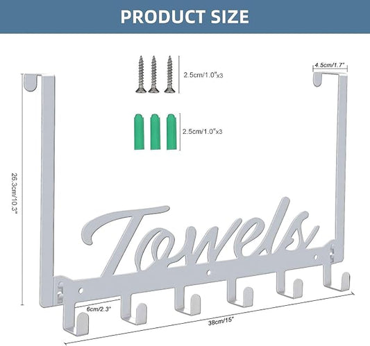 Azmoncy Over The Door Hooks, Towel Rack for Bathroom Towel Holder for Hanging Heavy Duty, Wall Mount Towel Hanger with 6 Hooks for Bedroom Bathroom Kitchen Towels, Bag, Coats, Hats - Silver
