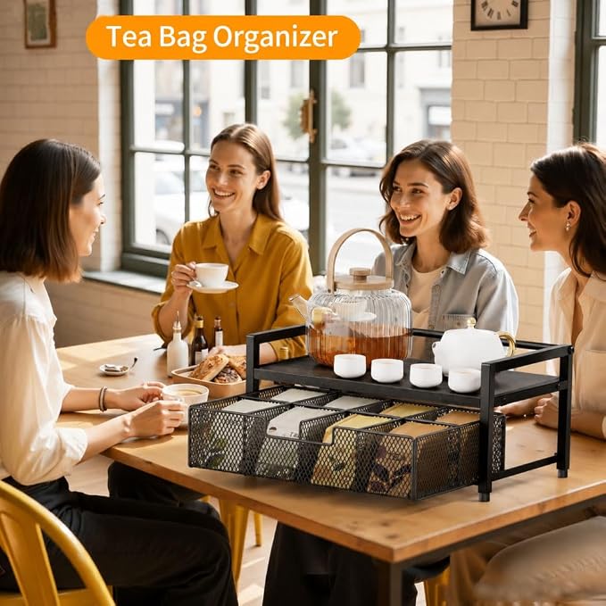 Tea Bag Organizer, Tea Bag Holder with Drawer, Wood and Metal Tea Organizers and Storage Chest for Countertop Kitchen, Office, Black