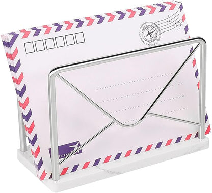 Modern Mail Holder for Home Office, Metal Letter Organizer Sorter for Desk, Cutout Mail Envelope Design, Bill Filling Paper Document Rack, Envelope Storage Rack with Marble Base (Chrome)