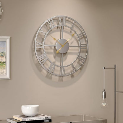 Cuspin 16 inch Wall Clock, Modern Decorative Clock Battery-Operated Silent Non Ticking, Silver Metal Round Clock Roman Numeral Analog for Living Room, Kitchen, Bedroom, Office, Home Decor