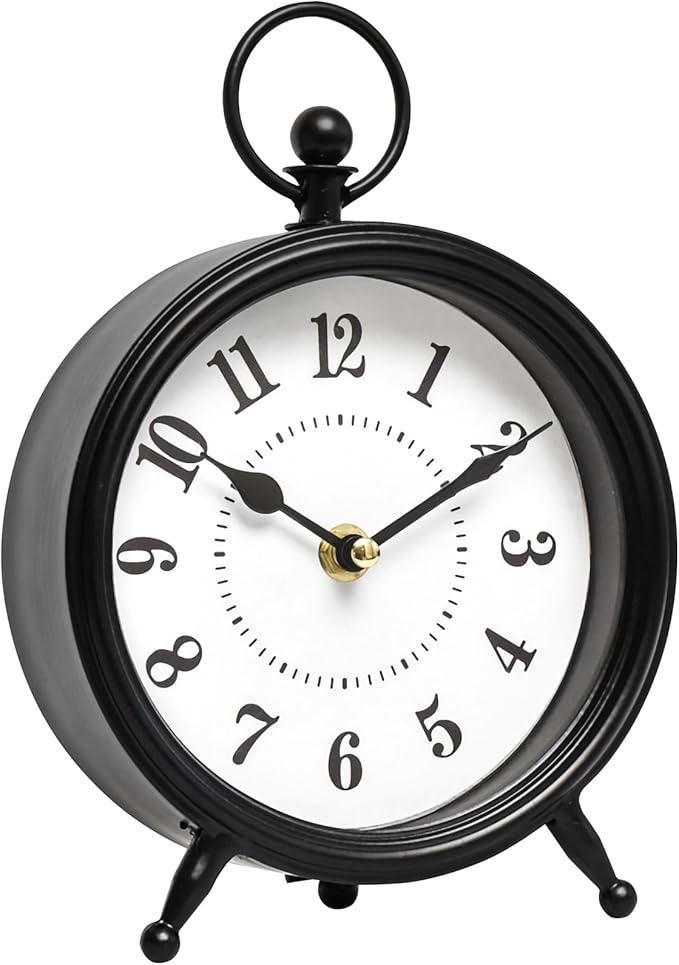 MACVAD Vintage Black Table Clock on Stand, Decorative Desk and Shelf Clock，Decorative Battery Operated Table Top Clock for Living Room，Silent Non-Ticking(Small)