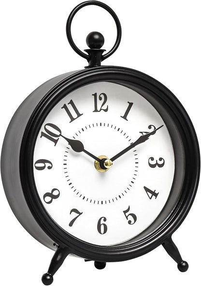 MACVAD Vintage Black Table Clock on Stand, Decorative Desk and Shelf Clock，Decorative Battery Operated Table Top Clock for Living Room，Silent Non-Ticking(Small)