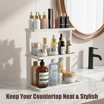 PEKER Bamboo Bathroom Organizer Countertop – Vanity Storage Shelf for Makeup, Perfume, Skincare – Natural Cosmetics Display Rack for Dresser, Sink, Kitchen – White