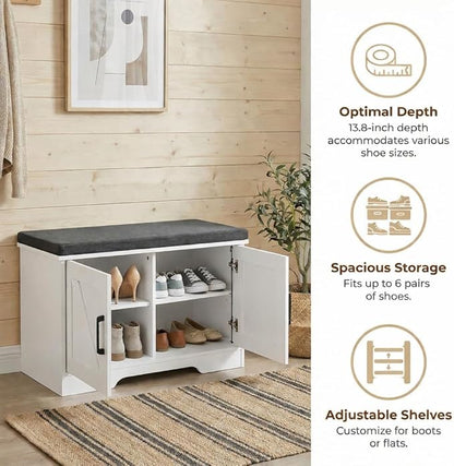 2-Tier Storage Bench, 27.6" Wide Shoe Bench with Padded Seat Cushion, Entryway Bench with 2 Barn Doors and Adjustable Shelf, White