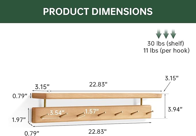 Solid Wood Wall Hooks with Shelf, Coat Rack Wall Mount, Entryway Hanging Shelf with 7 Brass Hooks for Hats, Clothes, Towels, Bags, Beech Wood, Natural