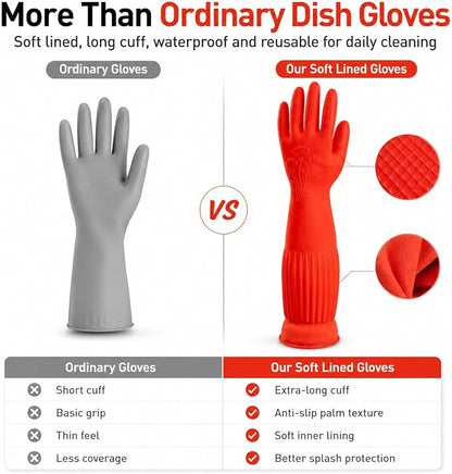 ThxToms Dishwashing Gloves, 2 Pairs Fleece Lined Rubber Dish Gloves for Washing Dishes, Waterproof Reusable Kitchen Cleaning, Long Cuff Anti Slip,Large