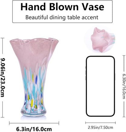 9.0" H Blush Glass Vases for Flowers, Unique Hand Blown Glass Vase Blush Home Decor, Wide Mouth Colorful Flower Vase Centerpieces, for Living Room Table Bookshelf, Bathroom Office Shelf Decorative