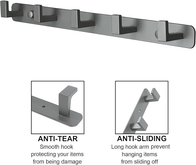 Coat Rack, Heavy Duty Stainless Steel 5 Tri Coat Hook Hanger, Wall Mounted Storage Wall Hooks, Rustic Clothes Hook/Key Hook Rail for Bathroom Kitchen Entryway(5 Hook Grey)