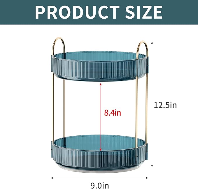 INVSSENE 360° Rotating Makeup Organizer, Bathroom Organizers and Storage Holder Rack, Large Capacity Vanity Shelf Countertop, Fits Cosmetics, Perfume, Skin Care(Blue, 2 Tiers)