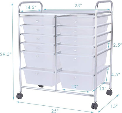 LDAILY 12 Drawer Rolling Storage Cart, Craft Cart Organizer on Wheels w/Metal Frame, Large Capacity & Smooth Drawer, Rolling Cart w/Drawers for Classroom, Office