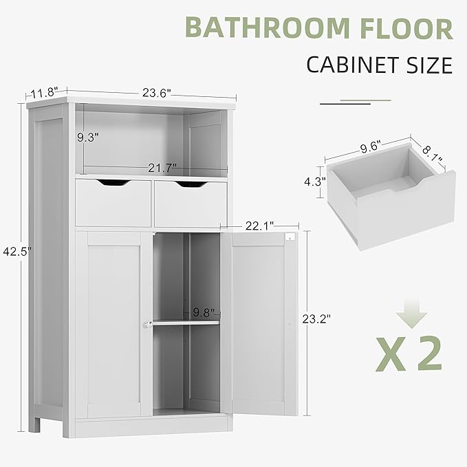 Shintenchi Floor Storage Cabinet, Bathroom Storage Organizer with Doors and Drawers, Freestanding Side Cupboard Pantry with Adjustable Shelf for Bathroom/Kitchen/Livingroom, White