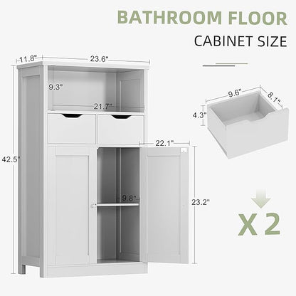 Shintenchi Floor Storage Cabinet, Bathroom Storage Organizer with Doors and Drawers, Freestanding Side Cupboard Pantry with Adjustable Shelf for Bathroom/Kitchen/Livingroom, White