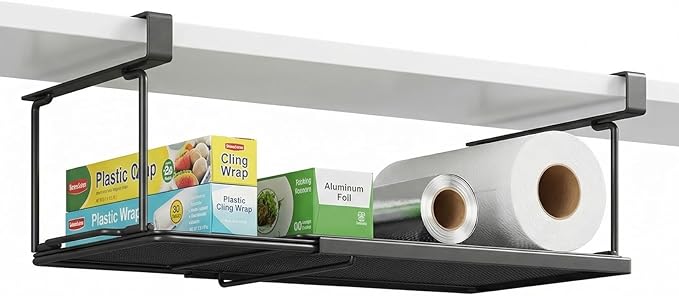 Aluminum Foil and Plastic Wrap Organizer, Under Shelf Storage, Foldable and Retractable Pantry Hanging Organizers,Wrapping Paper Holder for Sandwich, Freezer, Ziplock Bag