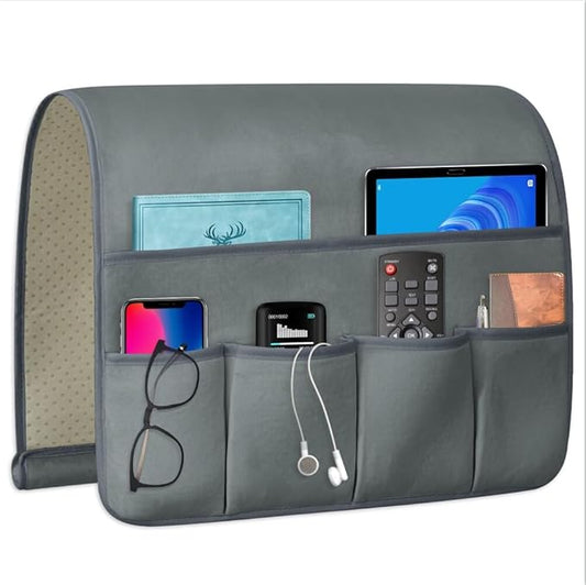 TV Remote Control Holder Couch Caddy, Non-slip Bedside Caddy Organizer with 5 Pockets for Key Glasses Phone Magazine Holders (Gray, 35''x18'')