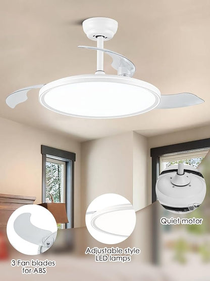 42 inch Retractable Ceiling Fan with Lights, White Low Profile Ceiling Fan with 3CCT Dimmable 6 Speeds Quiet Reversible DC Motor, Modern Fandelier for Living Room Dinning Room Kitchen