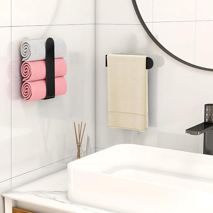 Hand Towel Holder, Self Adhesive Towel Racks for Bathroom Wall Mounted, 8 Inch Square Hand Towel Bar Stick on Wall for Kitchen Cabinet RV, Black (2 Pack)