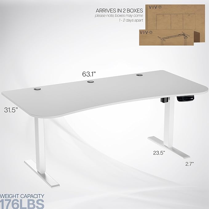VIVO Electric 63 x 32 in Standing Desk, Memory Height Adjustment, 176 lb Frame Support, 2E Series, White Top White Frame, DESK-KIT-2E1W