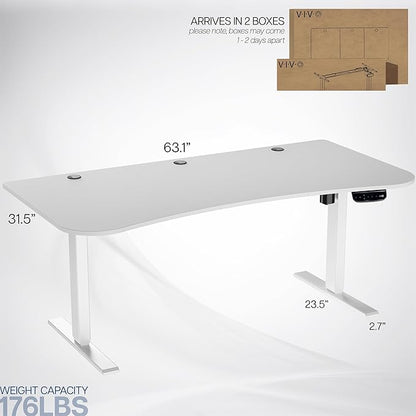 VIVO Electric 63 x 32 in Standing Desk, Memory Height Adjustment, 176 lb Frame Support, 2E Series, White Top White Frame, DESK-KIT-2E1W