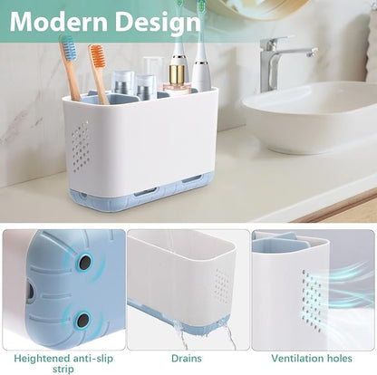 Boperzi Electric Toothbrush Holder for Bathroom Organizer Countertop, Detachable Anti-Slip Blue Toothpaste Storage Caddy 6 Slots White with Drainage Holes for Makeup Brush Razor Stand