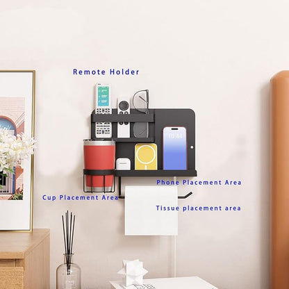 Bedside Shelf for Bed, Metal Floating Nightstand Wall Organizer, No Drill Dorm Room Essentials, Heavy Duty Caddy with Cup Holder & Charging Station for Bunk Bed, Loft, Remote - Matte Black