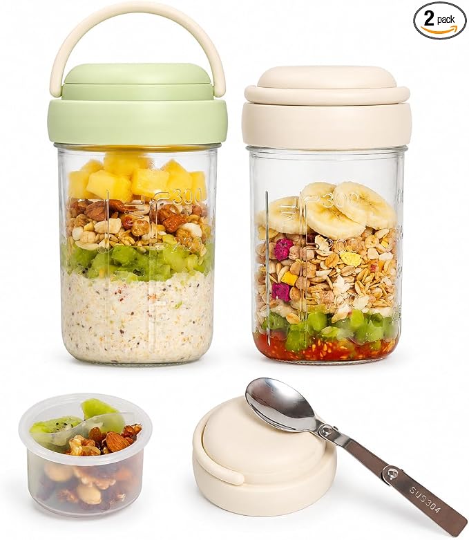 Overnight Oats Containers with Handles & Lids – 16oz Glass Mason Jars with Spoons & Fruit Compartments, Meal Prep Breakfast Jars, 2 Sets (Cream, Green)