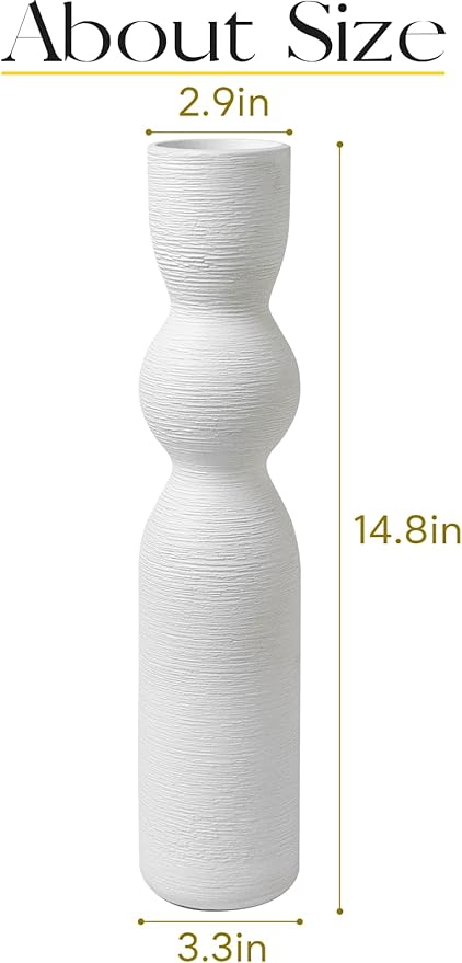 Tall Skinny Vase 15 Inch Thin Vases, Handmade Ceramic Flower Vase Modern Minimalist Style for Living Room, Home, Office, Centerpiece,Table, Wedding Party (White
