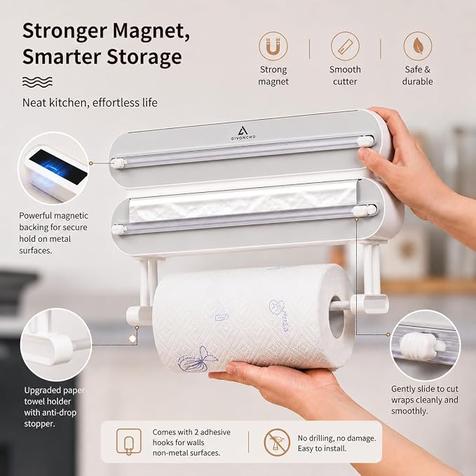 Magnetic Plastic Wrap Dispenser with Cutter, 3-in-1 Kitchen Wrap Organizer for Plastic Wrap, Aluminum Foil & Cling Film, Wall Mount Wrap Dispenser with Paper Towel Holder (3 in 1)