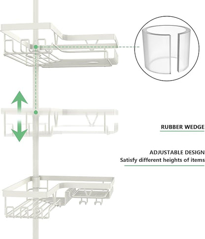 DAOYA Corner Shower Caddy Tension Pole, 4-Tier Adjustable Corner Shower Caddy with Soap Dish & Razor Holder, Stainless Steel Tension Pole Shelf Fits Bathtub & Floor 25-114.2 inches(Off-white)