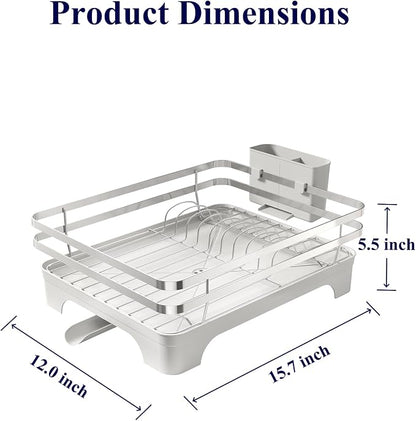 Kitsure Dish Drying Rack - Multi-Functional Dish Rack for Kitchen Counter with Cutlery Holder, Rust-Proof Storage Solution with Rotatable, 15.7" x 12.0" x 5.5", Sliver Grey
