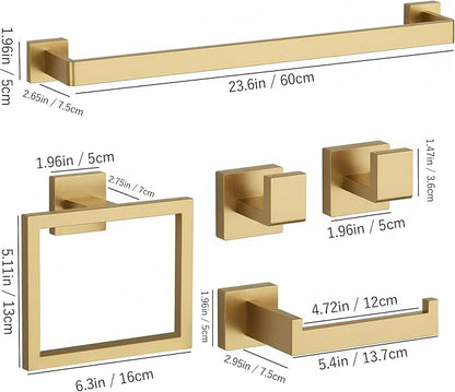 15-Piece Brushed Gold Bathroom Accessories Set – 23.6" Towel Bar, Towel Ring, Toilet Paper Holder & Hooks, Wall Mounted Bathroom Hardware, Rust & Corrosion-Resistant, Ideal for Modern Bathrooms