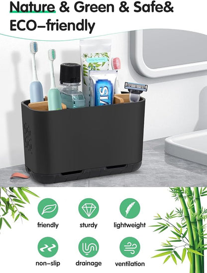 GFWARE Black Toothbrush Holder, Bamboo Toothbrush and Toothpaste Holder with Drainage, Electric Kids Matte Black Toothbrush Holders Set Organizer for Bathrooms Countertop Accessories Storage
