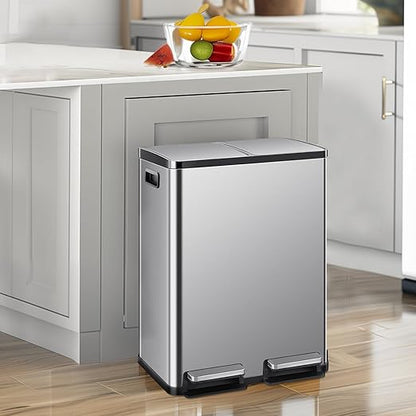 DUMOS Kitchen Trash Can, 2x8-Gallon Dual Trash Can with Lid, Stainless Steel Garbage Bin with 2 Removable Inner Buckets, Soft-Close Foot Pedal, Fingerprint-Resistant for Kitchen, Home, Office