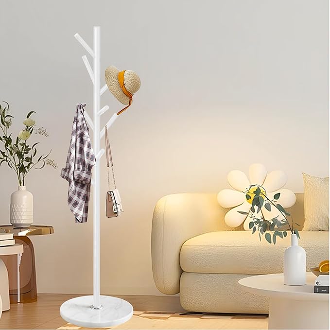 Metal Coat Rack Stand, Modern Freestanding Coat Rack with Natural Marble Base, Coat Racks and Coat Hall Tree Hanger Stand for Entryway, Hallway, Office (8 HOOKS-White)