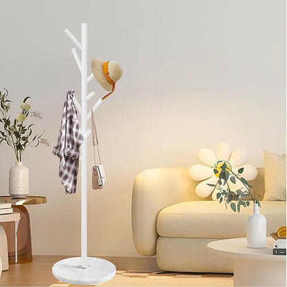 Metal Coat Rack Stand, Modern Freestanding Coat Rack with Natural Marble Base, Coat Racks and Coat Hall Tree Hanger Stand for Entryway, Hallway, Office (8 HOOKS-White)