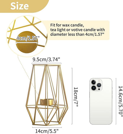 2 Pcs Metal Hexagon Shaped Geometric Design Tea Light Votive Candle Holders, Iron Hollow Tealight Candle Holders for Vintage Wedding Home Decoration, Gold (L + L)