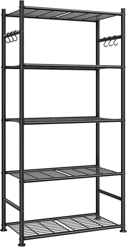 Sakugi Storage Shelves - 5-Tier Large Capacity Shelf Organizer with Hooks, Heavy-Duty Garage Shelving with Leveling Feet, Wobble-Free Rack for Bedroom, Balcony, Garage, 23.6"×13.7"×59", White