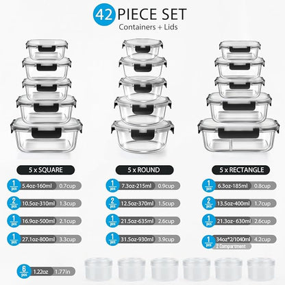 AMALEKO 42pcs Glass Food Storage Containers with Snap Locking Lids Set, Glass Meal Prep Containers (21 Container & 21 Lids),Leak Proof Lunch Containers BPA-Free,Black