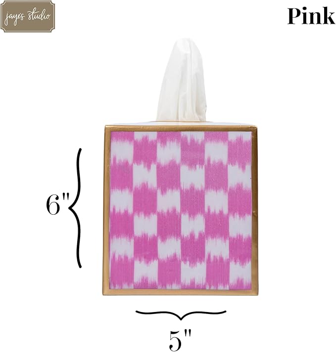 Jaye’s Studio Ikat Checkered Tissue Box Cover Gold Trim, Pink & White Tissue Box Cover Square, Facial Tissue Holder, Enamel Tissue Box Holder for Bathroom Vanity, Bedroom, Office, Checkered Home Decor